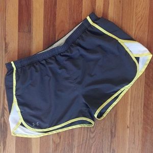 grey & yellow running shorts